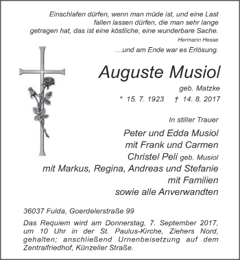 Traueranzeige von Auguste Musiol 