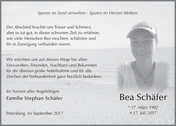 Traueranzeige von Bea Schäfer 