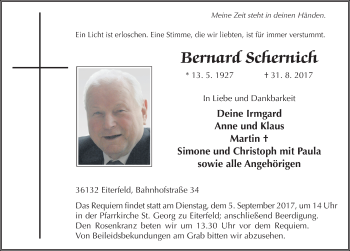 Traueranzeige von Bernard Schernich 