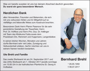 Traueranzeige von Bernhard Brehl 