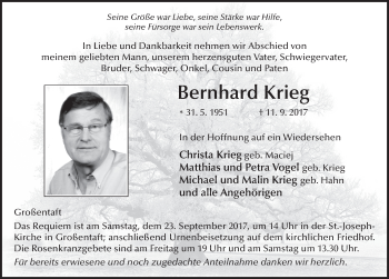 Traueranzeige von Bernhard Krieg 