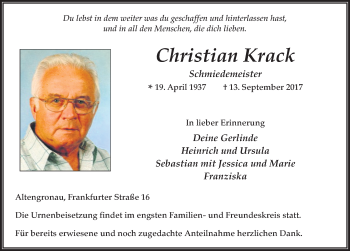 Traueranzeige von Christian Krack 