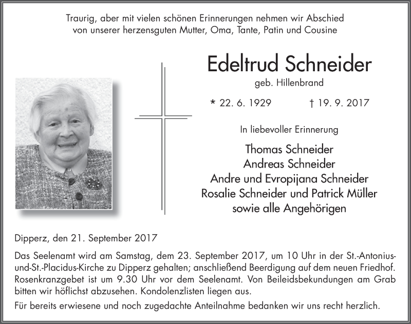  Traueranzeige für Edeltrud Schneider vom 21.09.2017 aus 