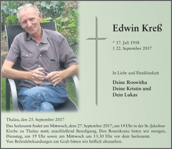Traueranzeige von Edwin Kreß 