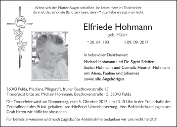 Traueranzeige von Elfriede Hohmann 