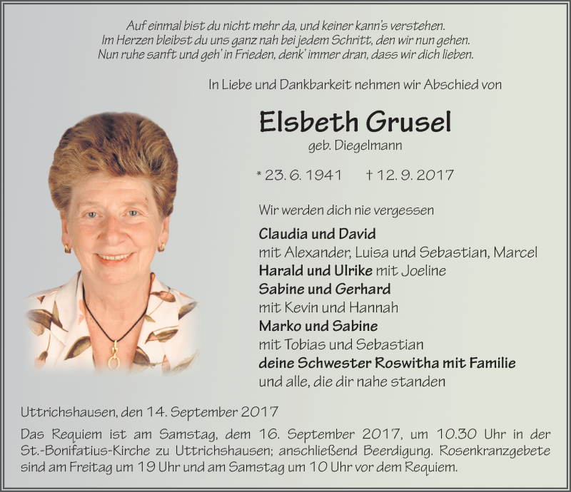  Traueranzeige für Elsbeth Grusel vom 14.09.2017 aus 