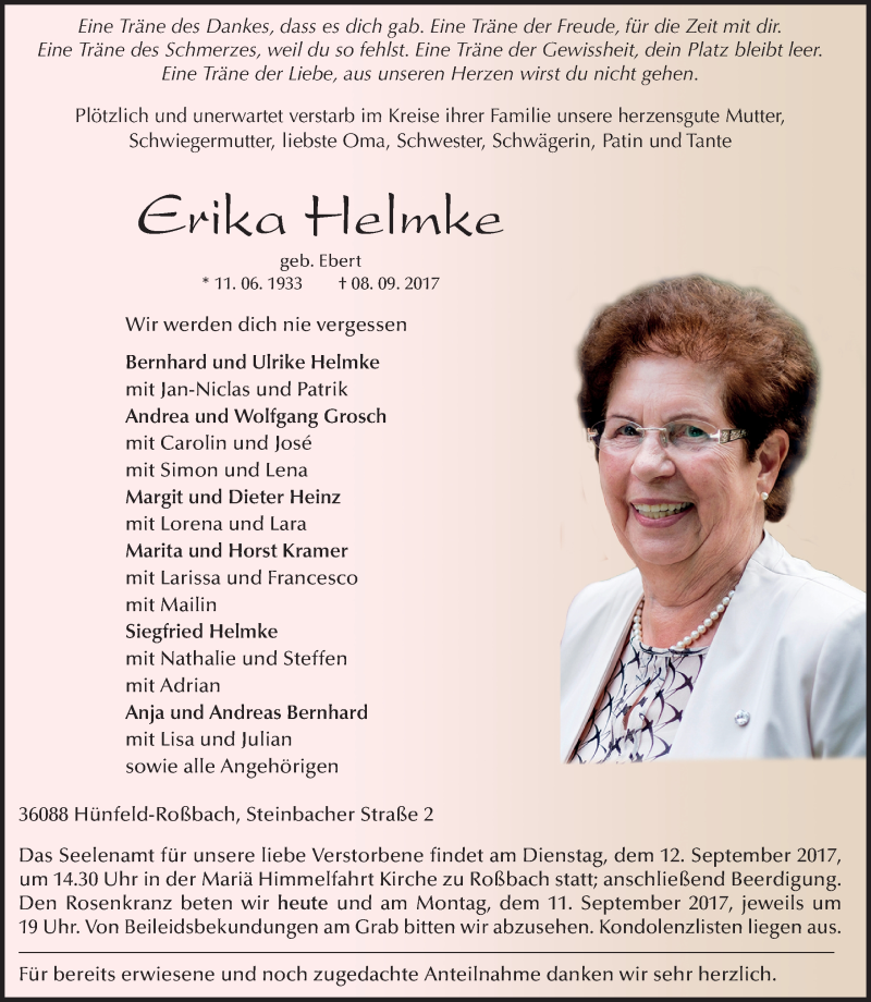  Traueranzeige für Erika Helmke vom 09.09.2017 aus 
