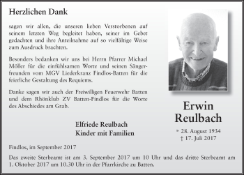 Traueranzeige von Erwin Reulbach 