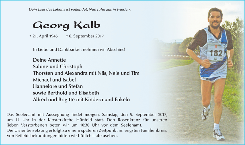  Traueranzeige für Georg Kalb vom 08.09.2017 aus 