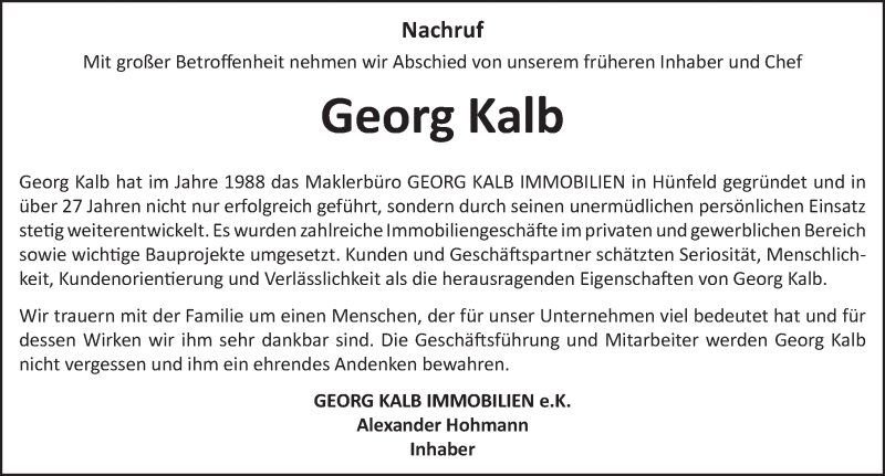  Traueranzeige für Georg Kalb vom 09.09.2017 aus 