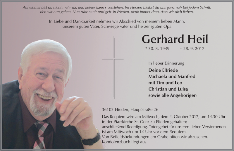 Traueranzeige für Gerhard Heil vom 30.09.2017 aus 