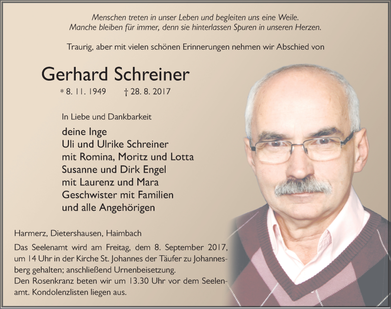  Traueranzeige für Gerhard Schreiner vom 05.09.2017 aus 