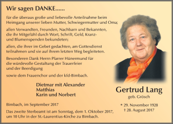 Traueranzeige von Gertrud Lang 