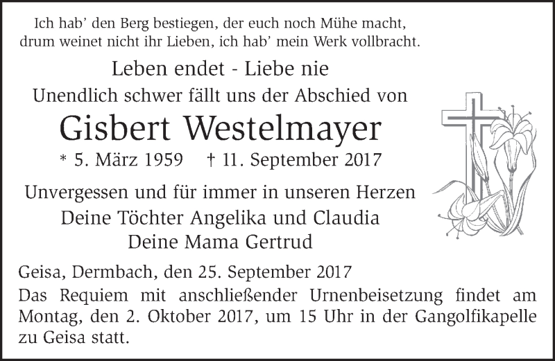  Traueranzeige für Gisbert Westelmayer vom 25.09.2017 aus 