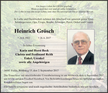 Traueranzeige von Heinrich Grösch 
