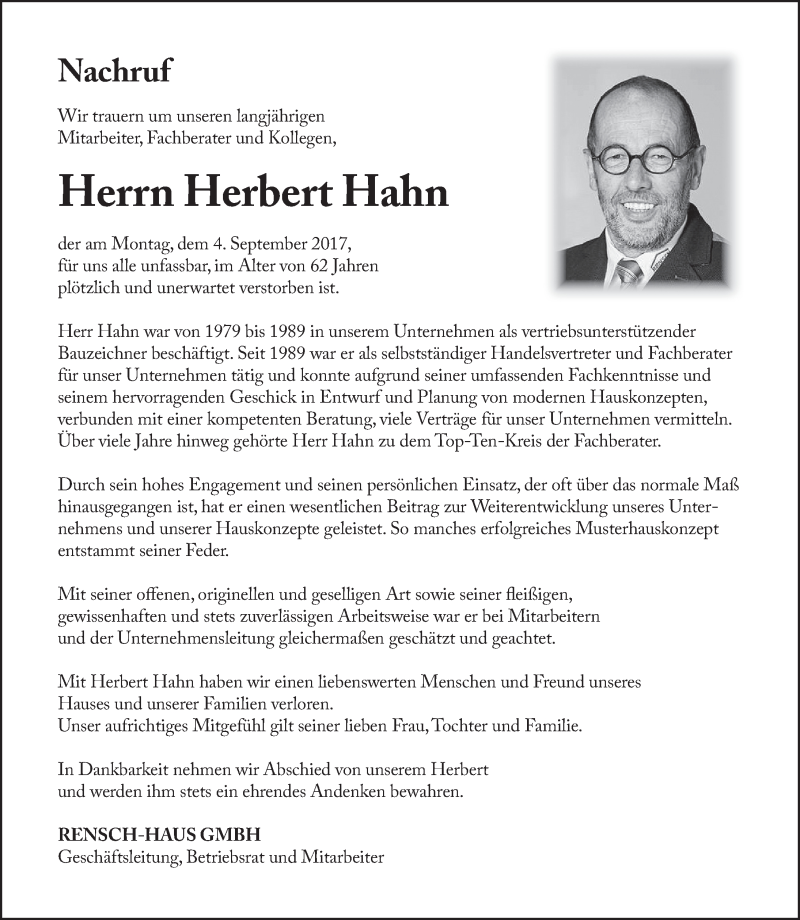  Traueranzeige für Herbert Hahn vom 09.09.2017 aus 