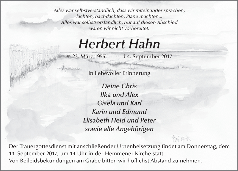  Traueranzeige für Herbert Hahn vom 09.09.2017 aus 