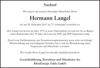Traueranzeige von Hermann Langel 