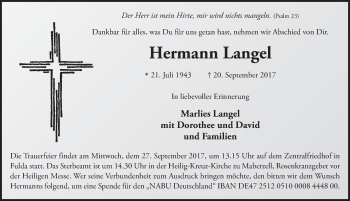 Traueranzeige von Hermann Langel 
