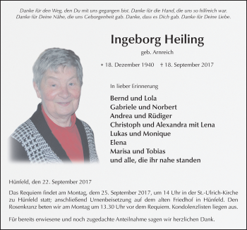 Traueranzeige von Ingeborg Heiling 