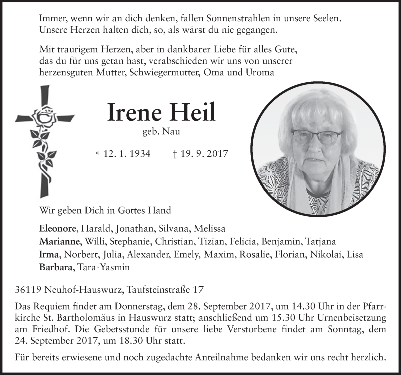  Traueranzeige für Irene Heil vom 23.09.2017 aus 