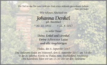 Traueranzeige von Johanna Denkel 