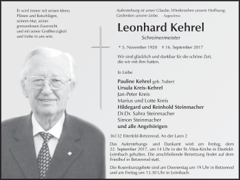 Traueranzeige von Leonhard Kehrel 