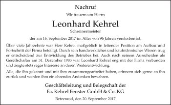 Traueranzeige von Leonhard Kehrel 