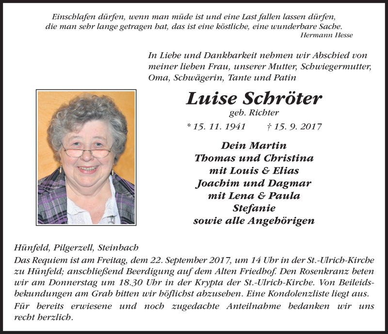  Traueranzeige für Luise Schröter vom 20.09.2017 aus 