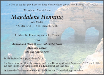Traueranzeige von Magdalene Henning 
