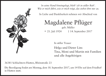 Traueranzeige von Magdalene Pflüger 