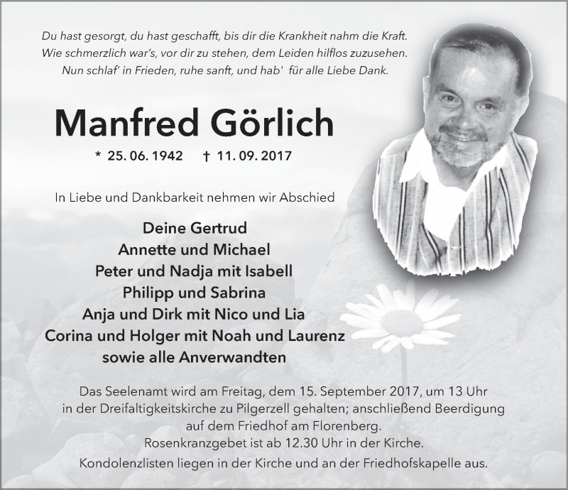  Traueranzeige für Manfred Görlich vom 13.09.2017 aus 