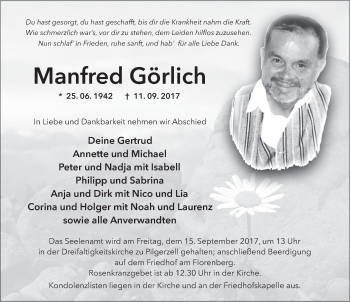 Traueranzeige von Manfred Görlich 