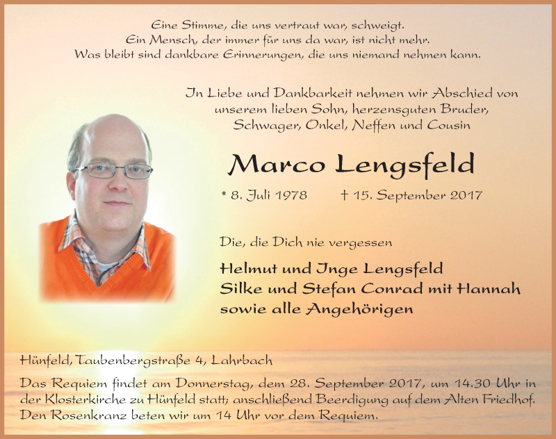  Traueranzeige für Marco Lengsfeld vom 27.09.2017 aus 