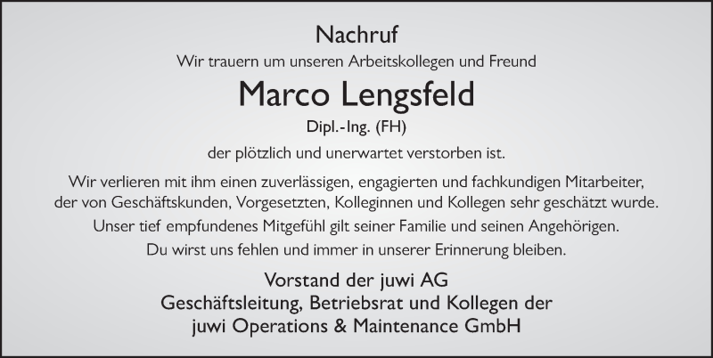  Traueranzeige für Marco Lengsfeld vom 27.09.2017 aus 