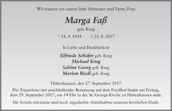 Traueranzeige von Marga Faß 