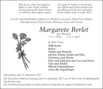 Traueranzeige von Margarete Berlet 