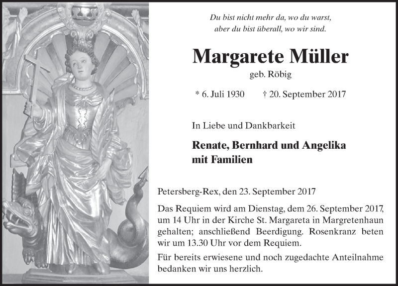  Traueranzeige für Margarete Müller vom 23.09.2017 aus 