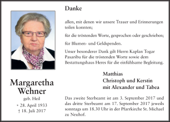 Traueranzeige von Margaretha Wehner 