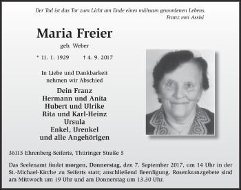 Traueranzeige von Maria Freier 