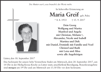 Traueranzeige von Maria Greif 