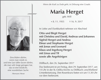 Traueranzeige von Maria Herget 
