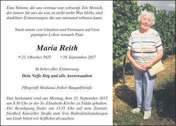 Traueranzeige von Maria Reith 