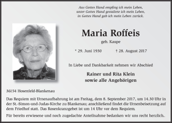 Traueranzeige von Maria Roffeis 