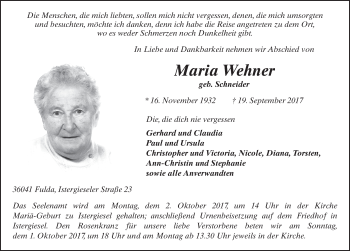 Traueranzeige von Maria Wehner 