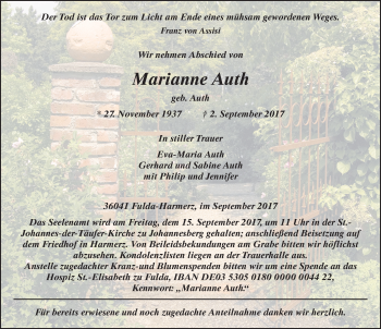 Traueranzeige von Marianne Auth 