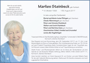 Traueranzeige von Marlies Steinbeck 