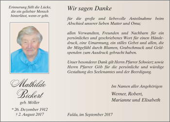 Traueranzeige von Mathilde Bickert 