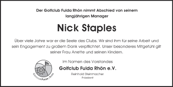 Traueranzeige von Nicholas Charles Staples 