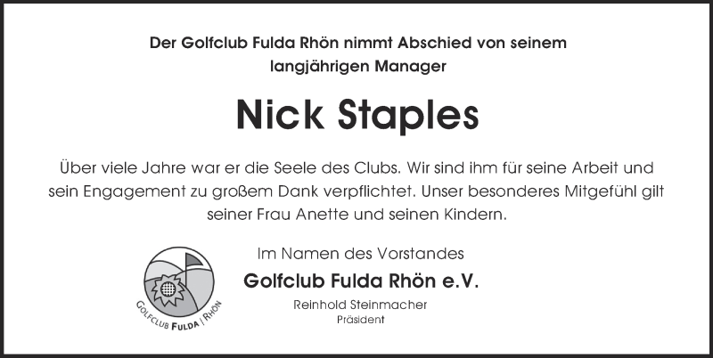  Traueranzeige für Nicholas Charles Staples vom 18.09.2017 aus 